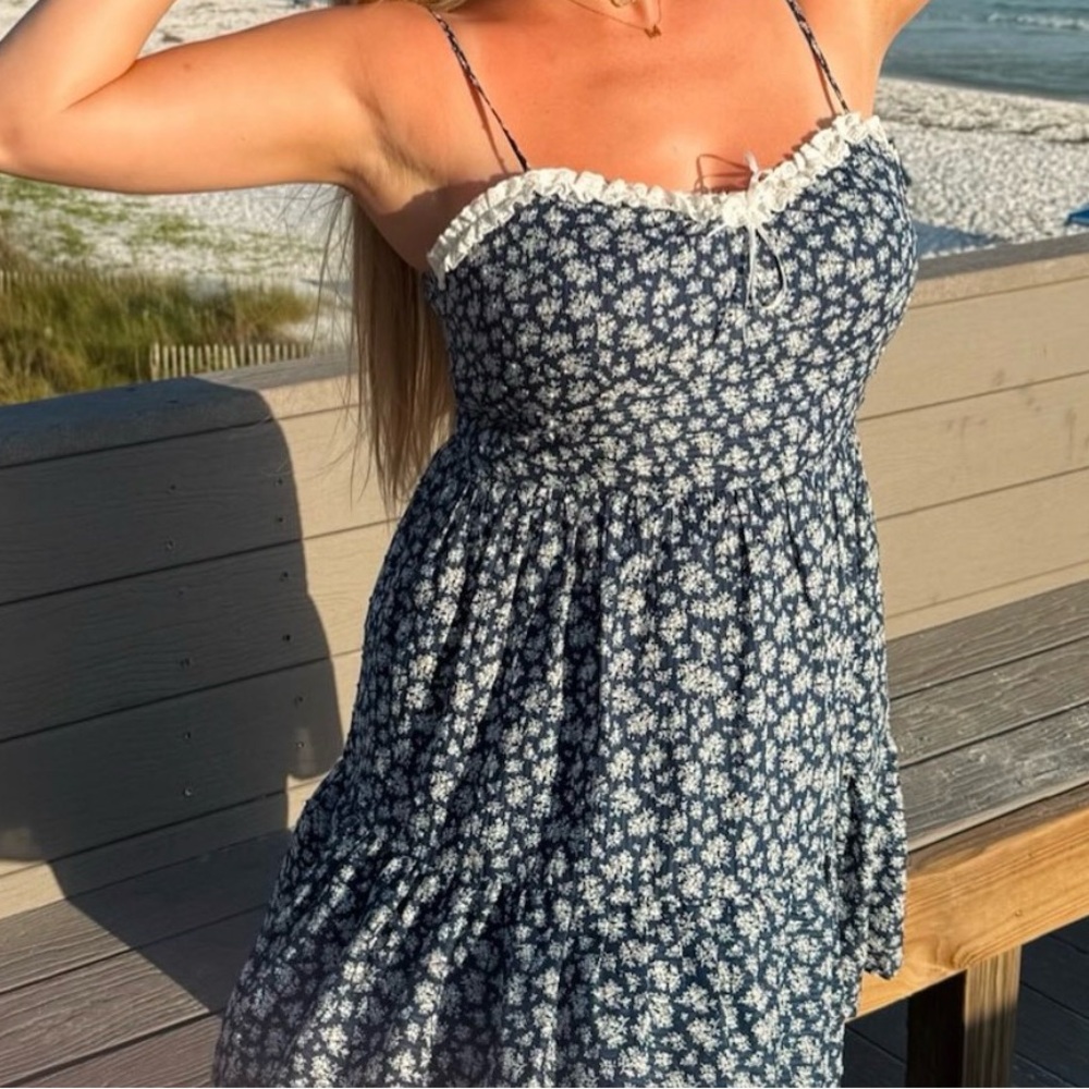 Francesca's Collections Navy and White Floral Dress with Lace Trim